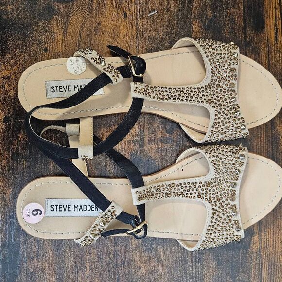 Steve Madden Torment Spike Studded T-Strap Flat Sandals Women's Tan/Gold Size 9 - Picture 3 of 4